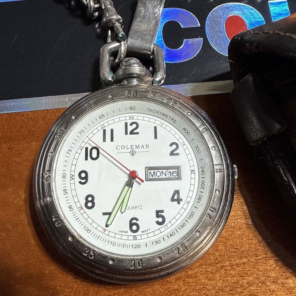 Coleman Pocket Watch SilverTone Cream Dial Japan Movement Needs Battery Untested